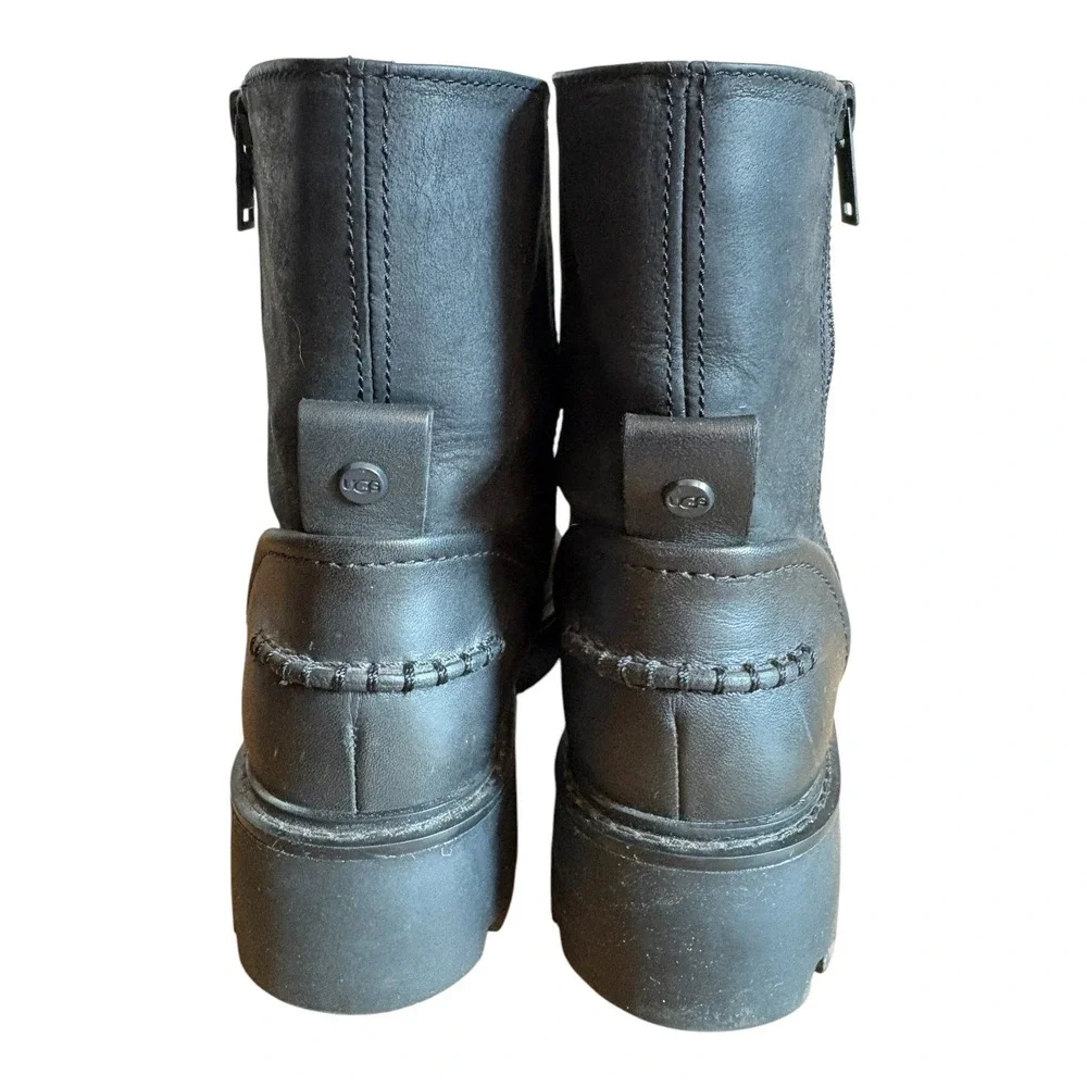 UGG Polk Black Leather Ankle Boots Lug Sole Side Zip 1103752 Womens 8